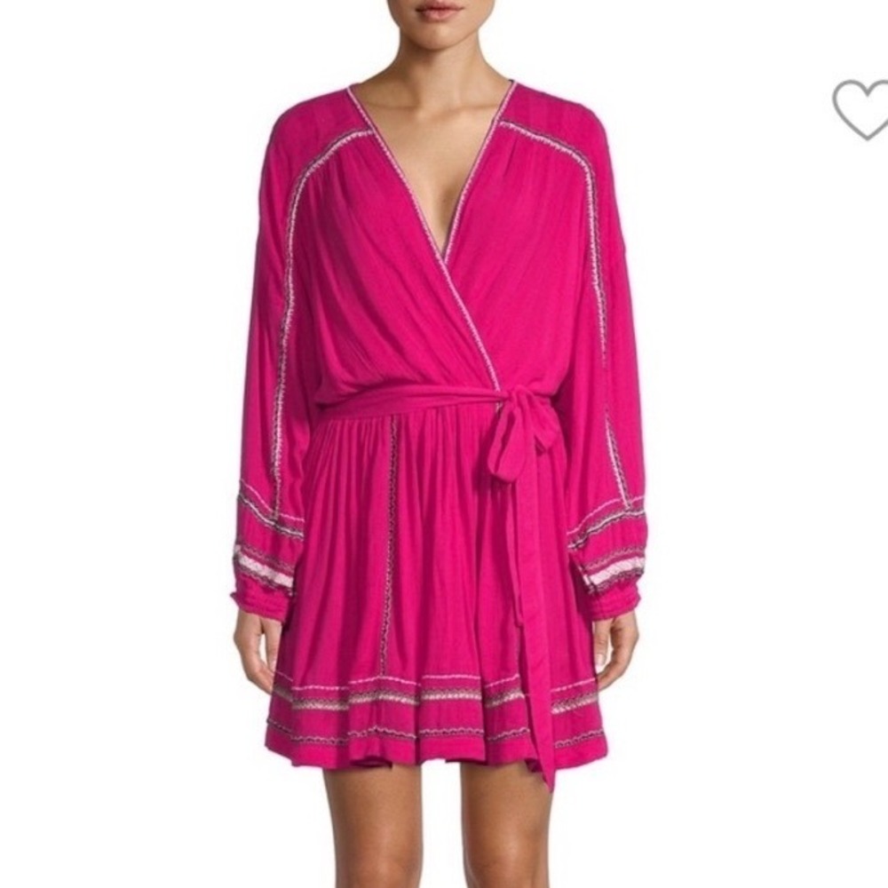 NEW FREE PEOPLE Delilah Embroidered Wrap Mini Dress Size‎ M Pink Festival Boho